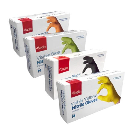Eagle Visible Nitrile Gloves – 6 Mil | Latex-Free & Powder-Free (Black, Green, Yellow, Orange)